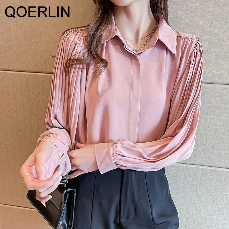 QOERLIN Fashion Pleated Sleeve Chiffon Blouse OL Style White Shirts Women S-2XL Tops Shirts Single-Breasted Pink Women Clothing