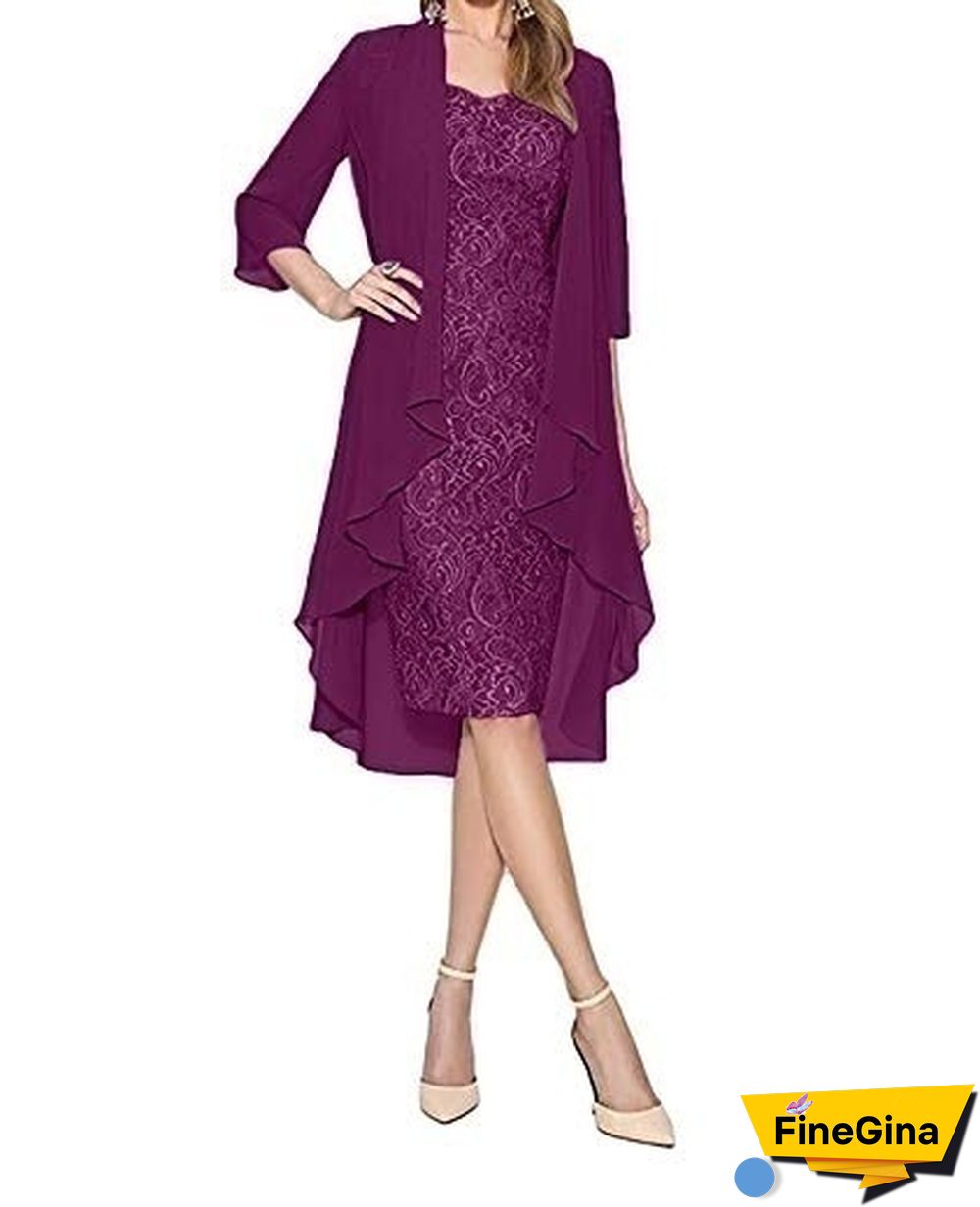Fashion Women 2 Piece Set Dress Knee Length Lace Dress + Long Sleeve Irregular Cardigan Elegant Evening Dress Wedding Party Gown Plus Size Xs-5Xl