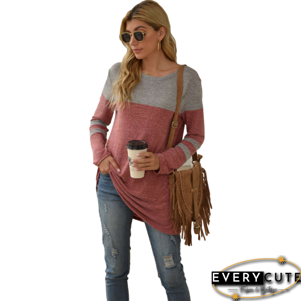 Red Colorblock Round Neck Long Sleeve Tops