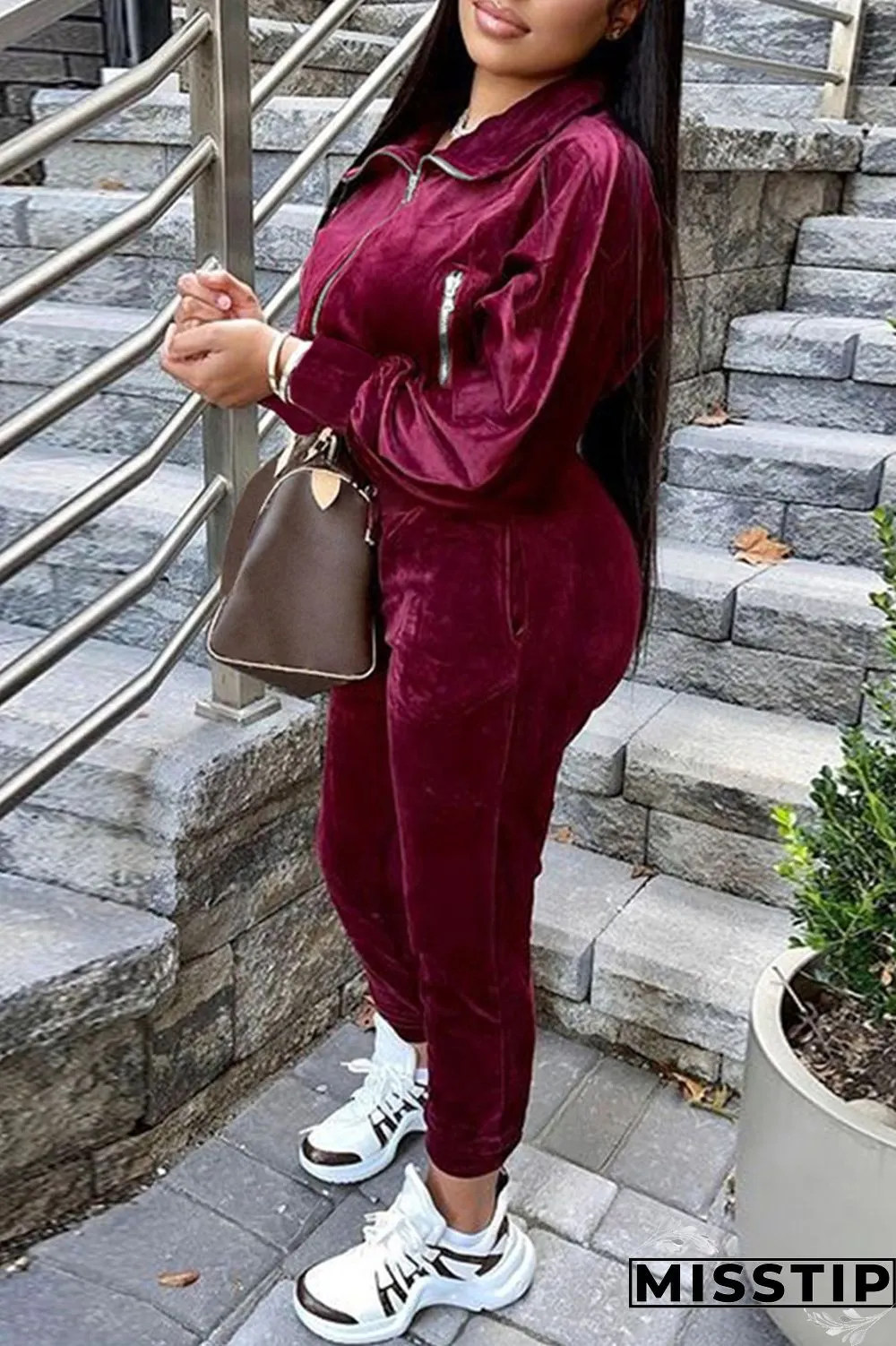 Burgundy Casual Solid Patchwork Zipper Zipper Collar Long Sleeve Two Pieces