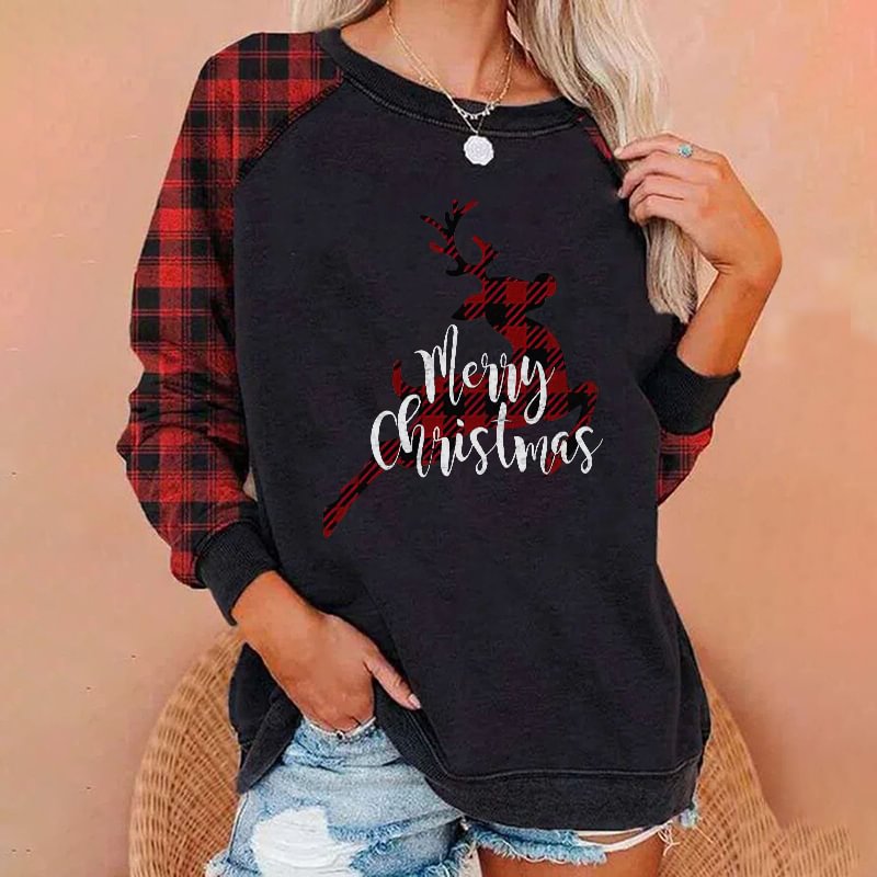 Tartan Check Print Merry Christmas Crew Neck Sweatshirt