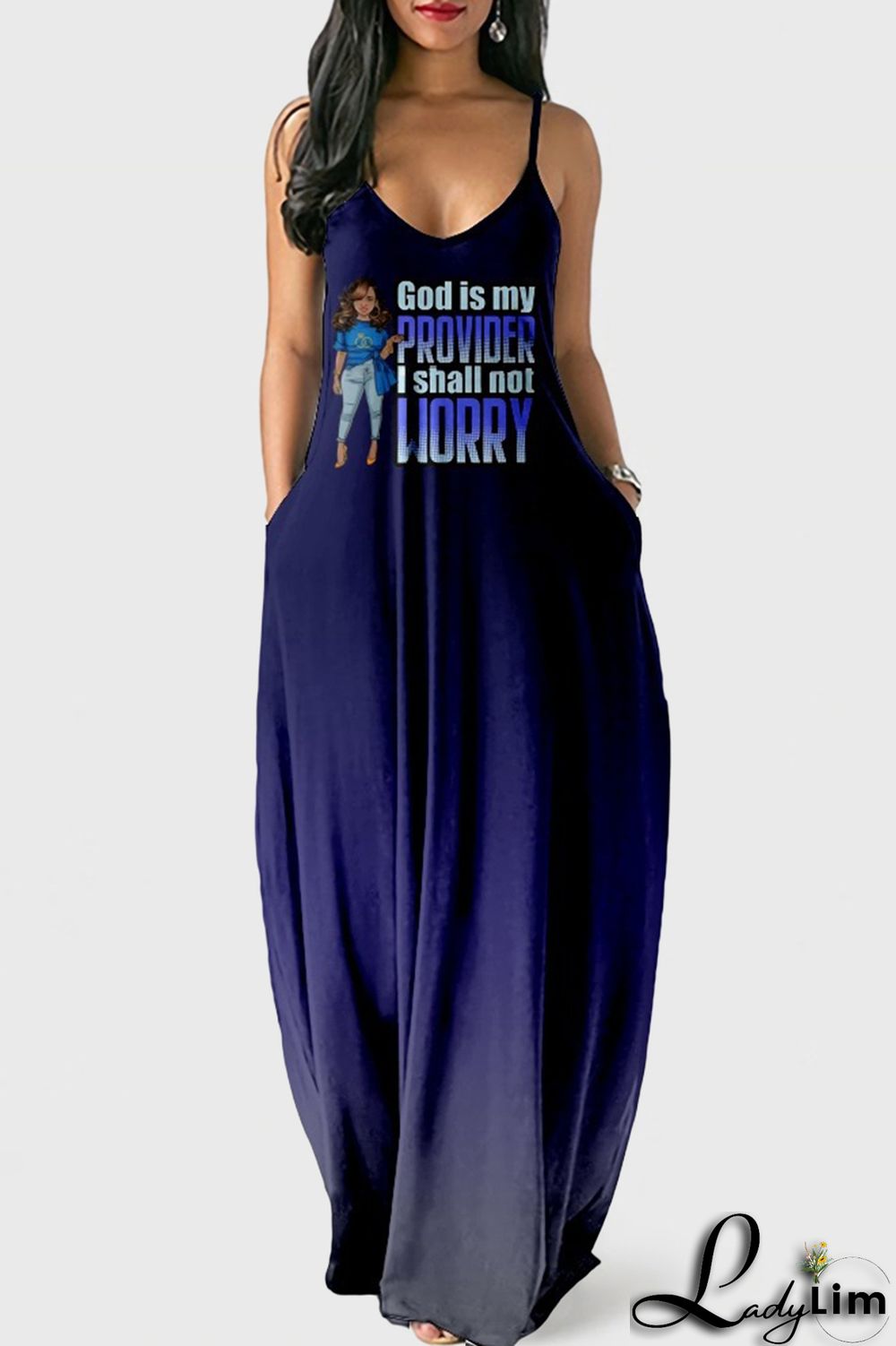 White Blue Fashion Sexy Print Backless Spaghetti Strap Long Dress