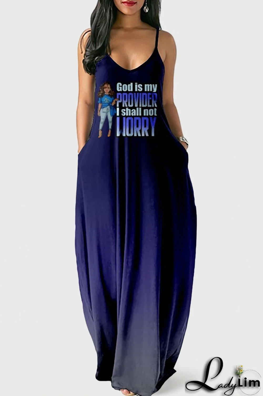 White Blue Fashion Sexy Print Backless Spaghetti Strap Long Dress