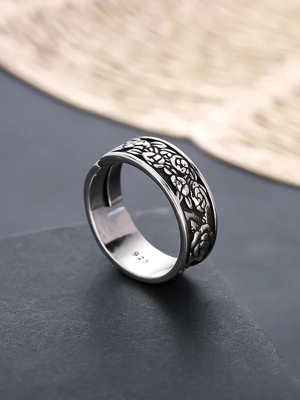 Men's Retro Rose Flower Pattern Adjustable Rings