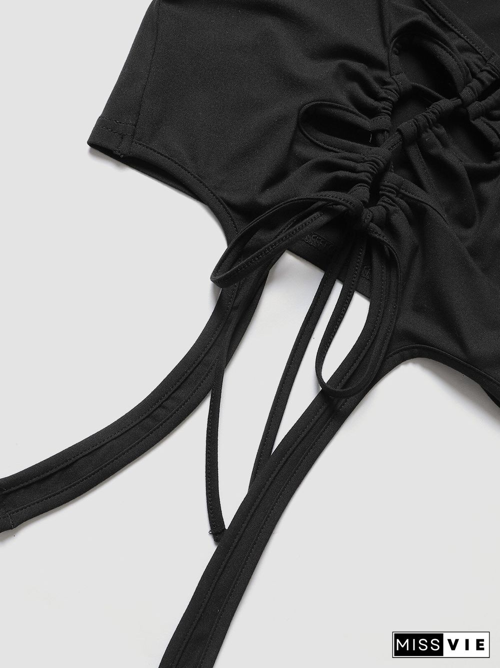 Solid Drawstring Square Collar Short Sleeve Crop Top