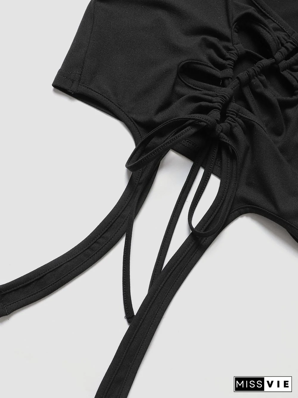 Solid Drawstring Square Collar Short Sleeve Crop Top