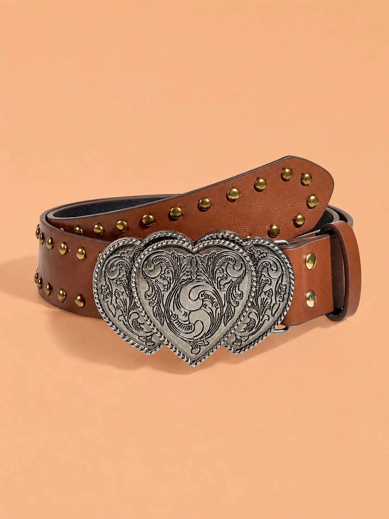 Perfect for a Country Music Festival &mdash; Brown Engraved Heart Buckle Studded Vegan Leather Women's Western Belt