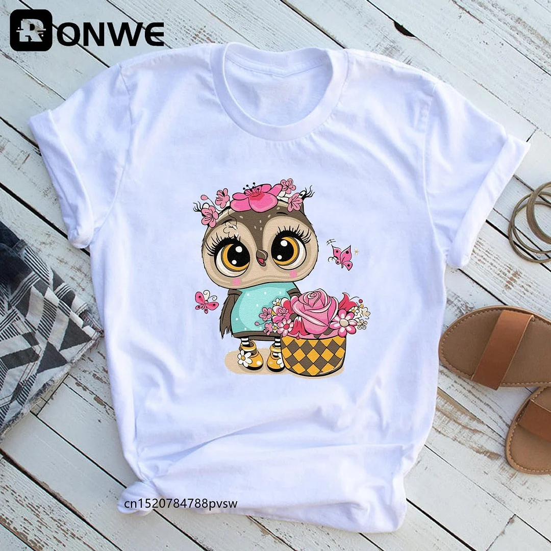 Fashion Trend Cute Owl Graphic Printed Female T shirt Casual Harajuku Crew Neck Ladies Tshirt,Drop Ship