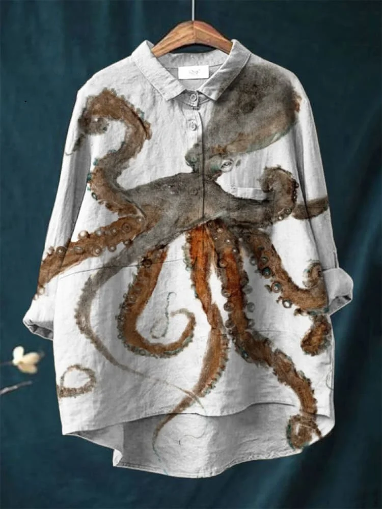 Vintage Japanese Octopus Pattern Art Print Casual Cotton And Linen Shirt
