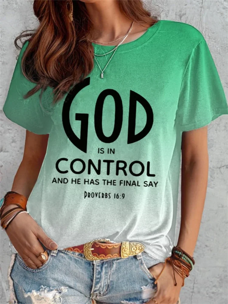 Wearshes God Is In Control Print Gradient Casual T Shirt