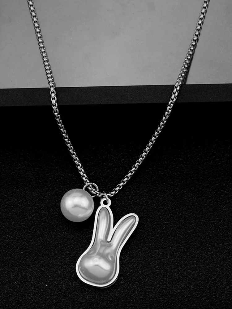 Fashion Plain Stainless Steel Faux Pearl Rabbit Pendant Necklace