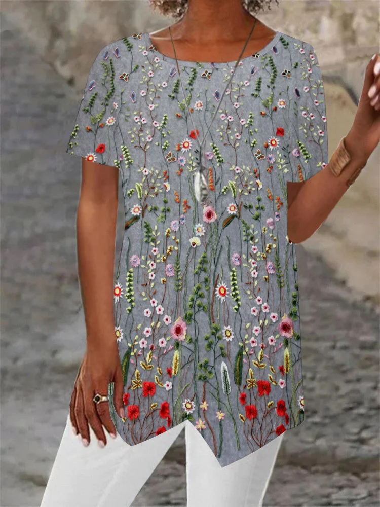 Women Asymmetrical Short Sleeve Scoop Neck Floral Printed Top
