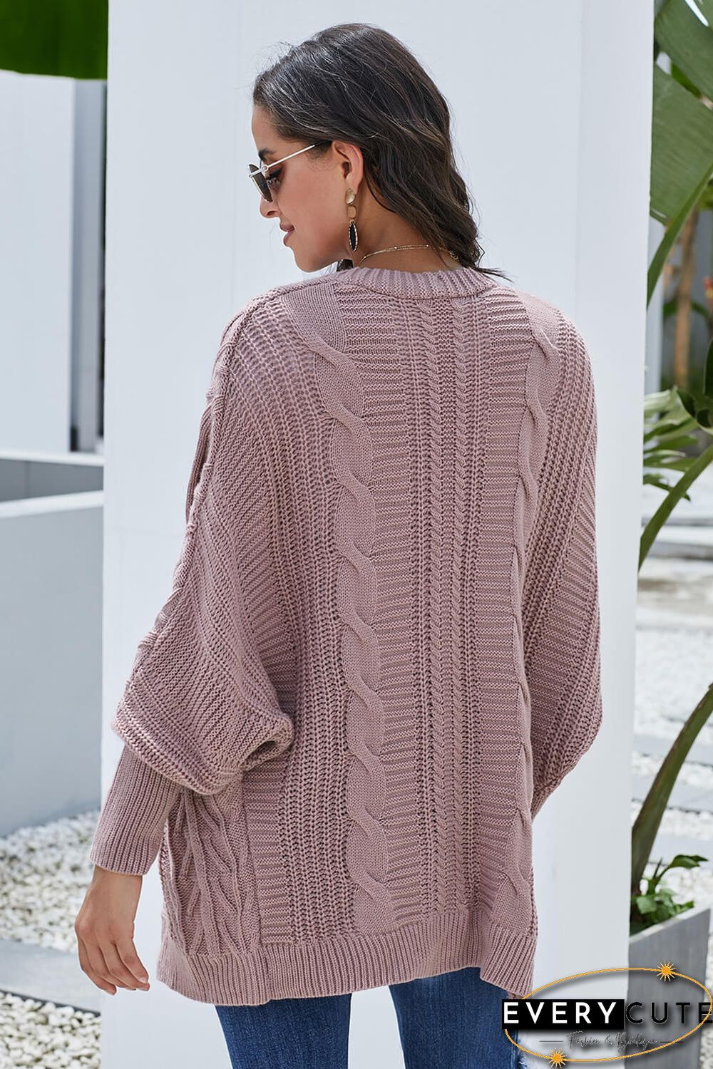 Pink Dolman Sleeve Open Front Knit Cardigan