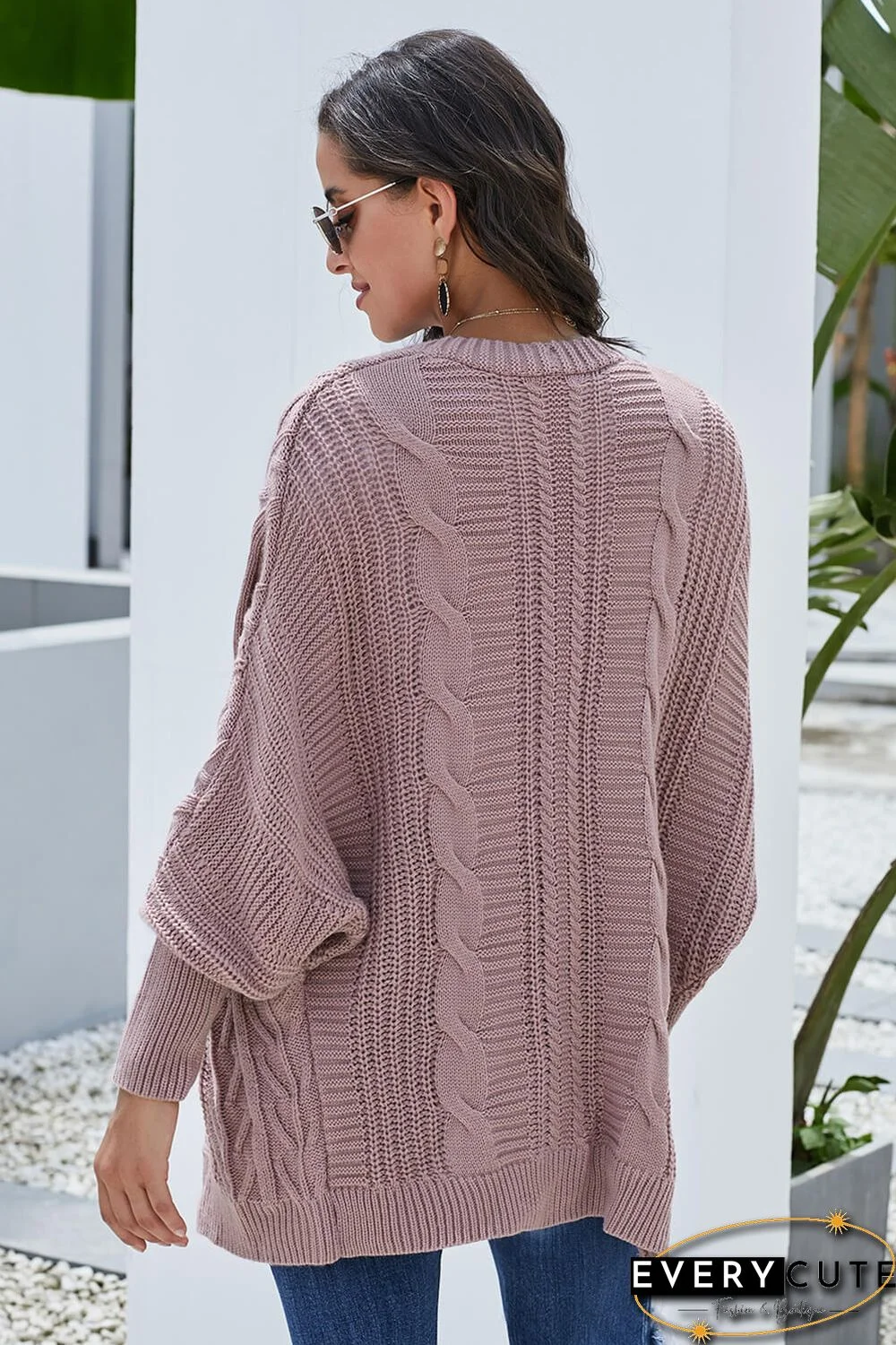 Pink Dolman Sleeve Open Front Knit Cardigan