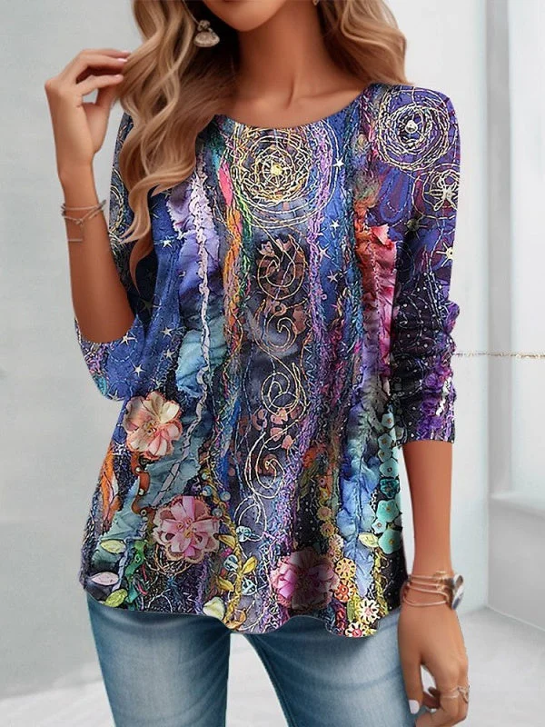 Women's Printed Graphic Solid Color Scoop Neck Long Sleeve Top