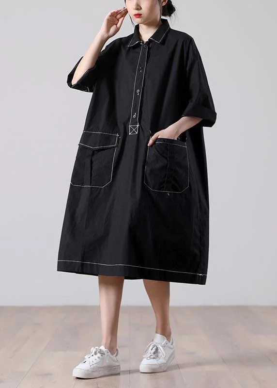 Fashion Black Peter Pan Collar Button Cotton Dresses Summer