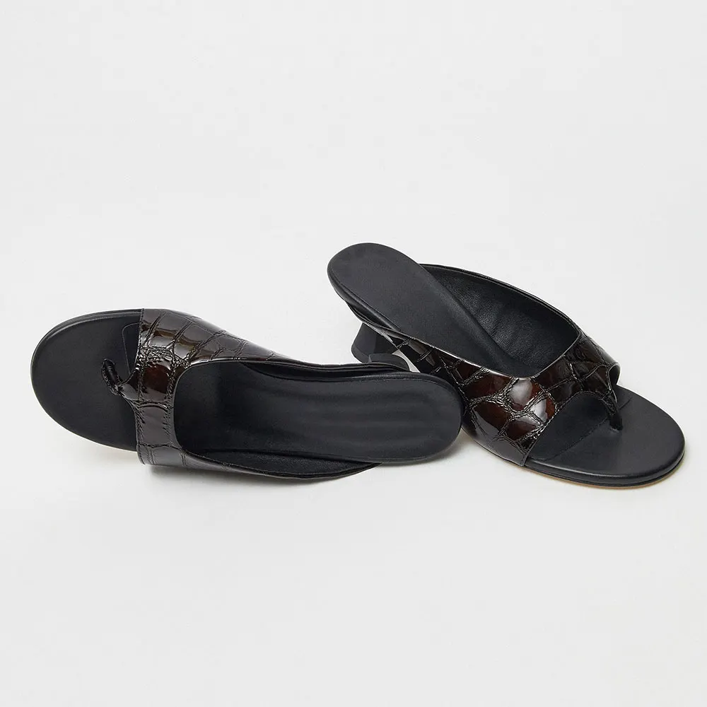 Brown Round Toe Flared Heel Croc Embossed Flip Flops Mules for Women