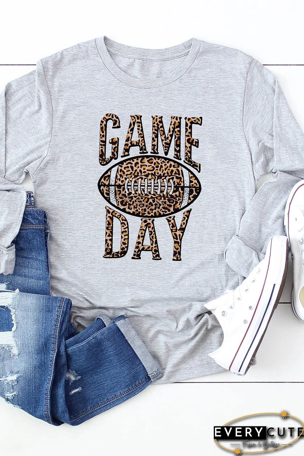 Gray GAME DAY Leopard Rugby Print Graphic Long Sleeve Top