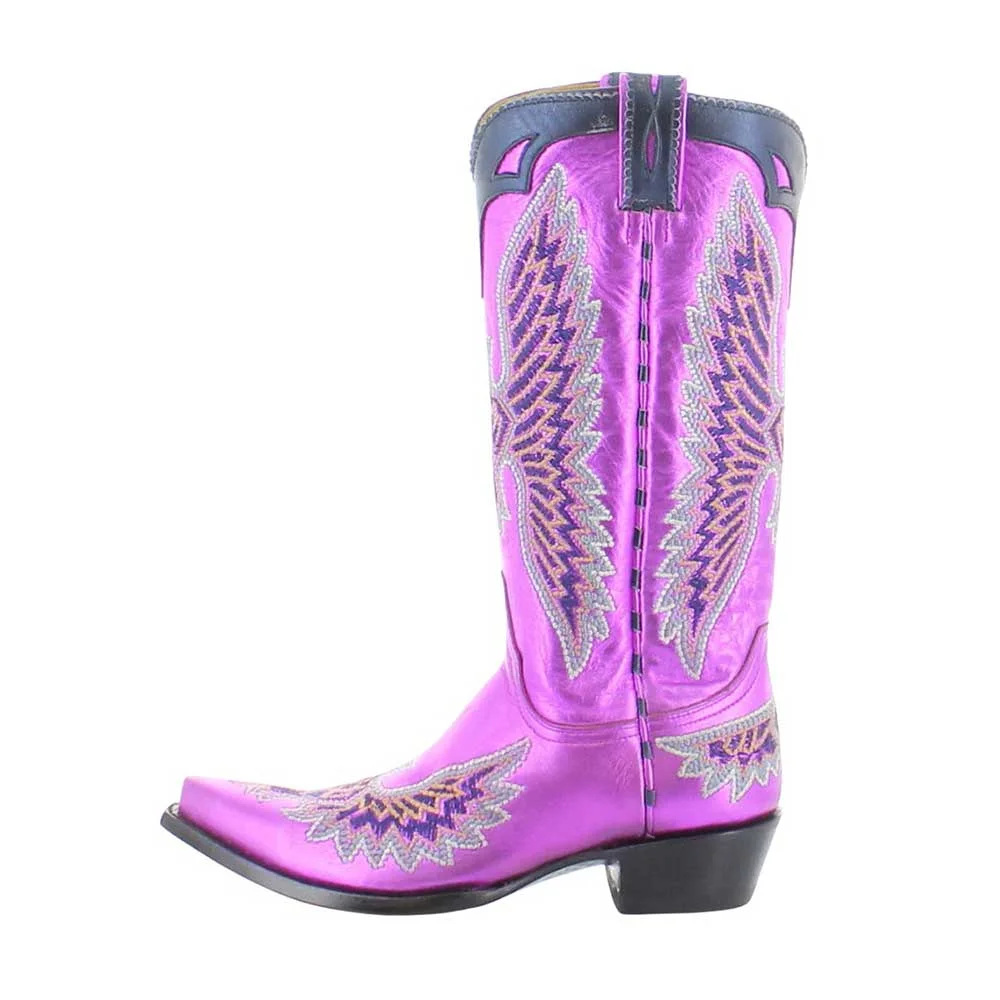 Metallic Purple Block Heel Snip Toe Wing Embroidered Cowboy Boots