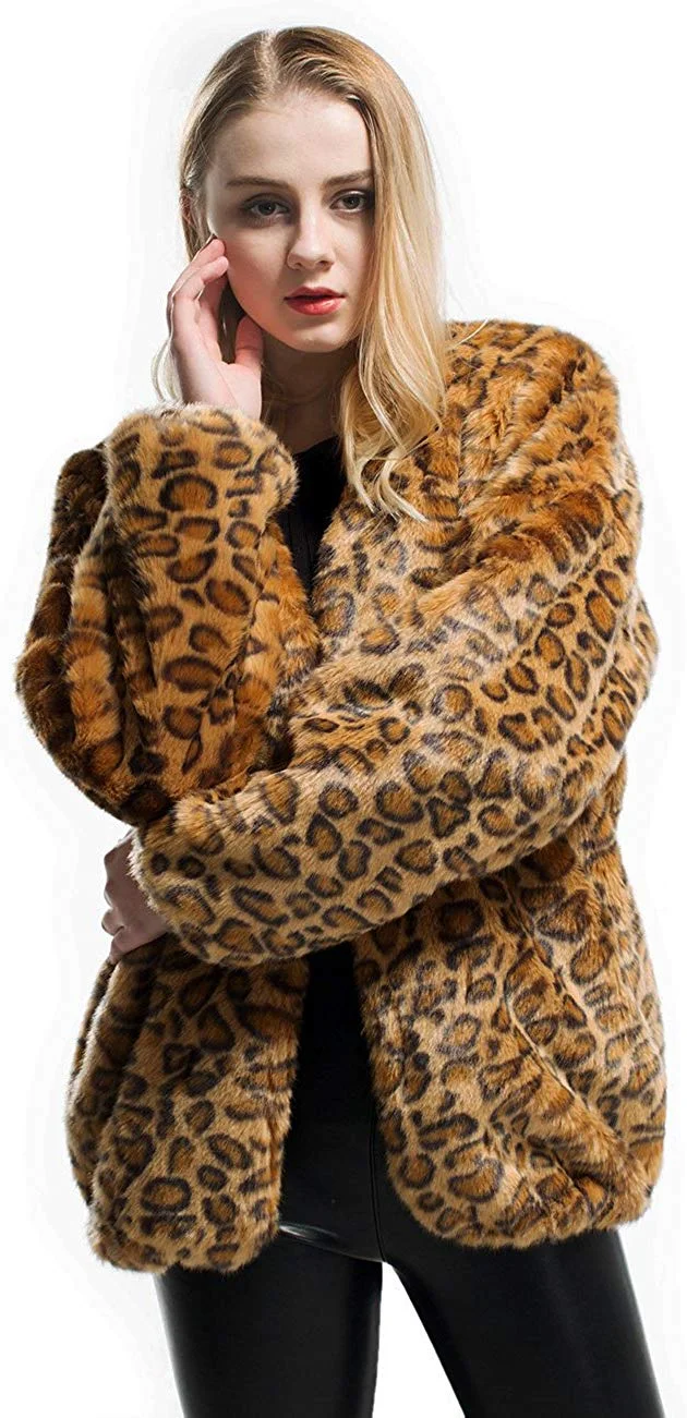 Womens Winter Faux Fur Oversize Boyfriend Loose Leopard Outerwear Coat Jackets