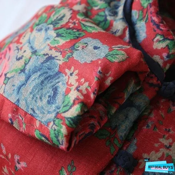 Women Red Print Floral Vintage Parkas Linen Pockets Winter New Chinese Style Parkas