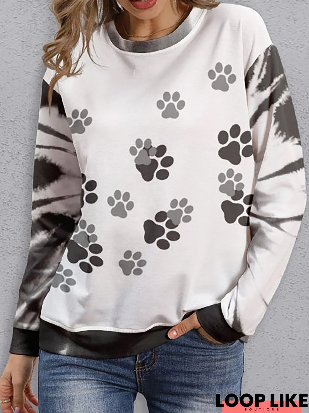 Casual Vacation Tie-Dye Paw Prints Round Neck Sweatshirt