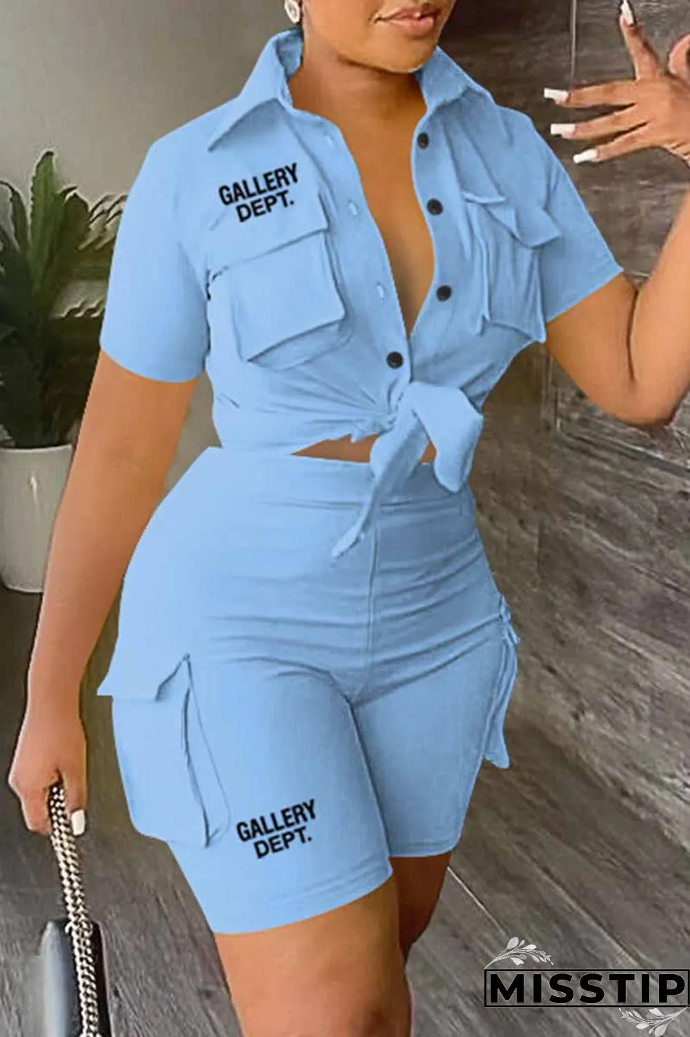 Red Casual Street Print Letter Turndown Collar Short Sleeve Two Pieces