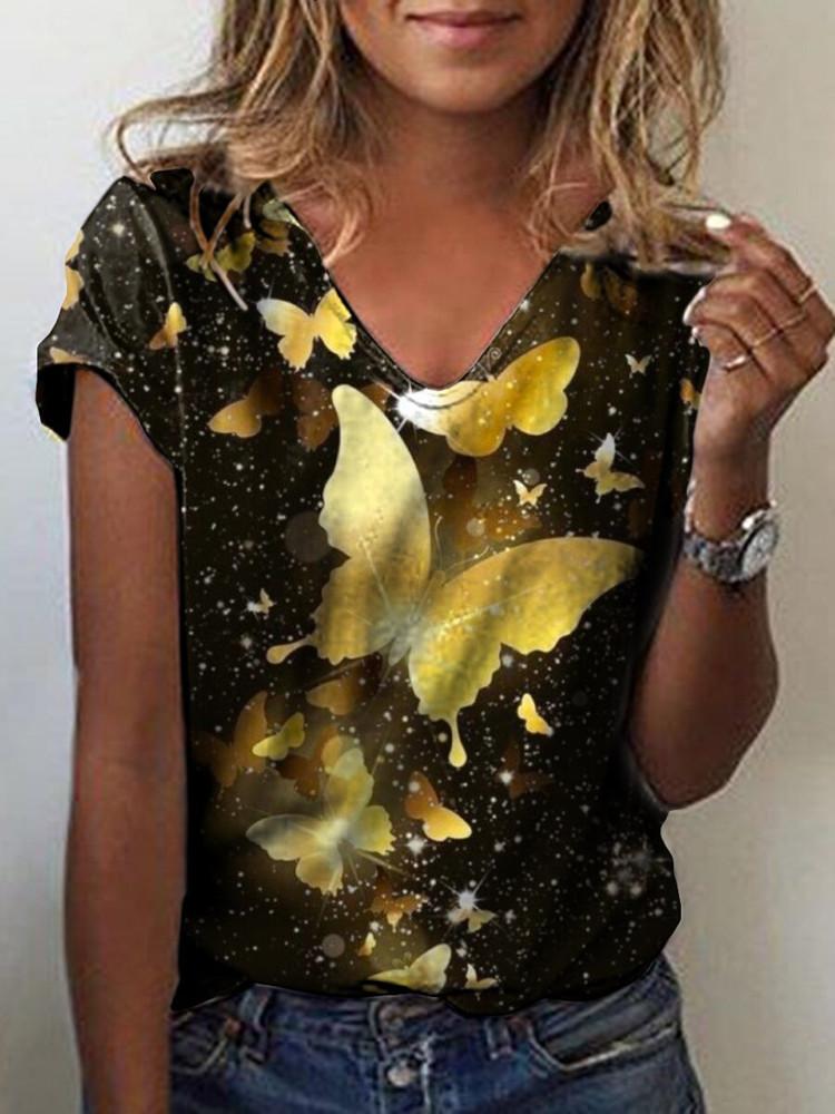 Women Short Sleeve V-neck Printed Sequins Top