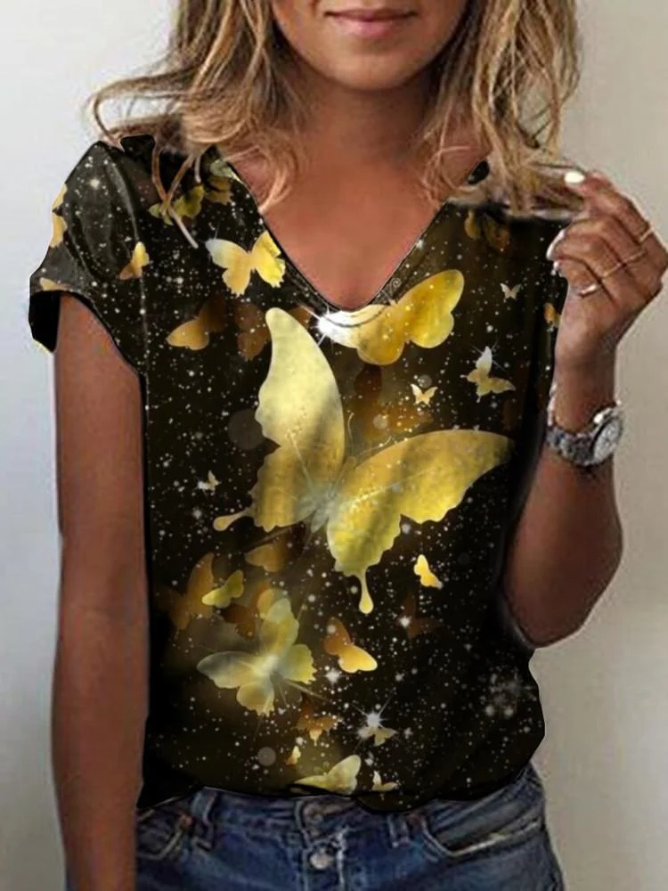 Women Short Sleeve V-neck Printed Sequins Top