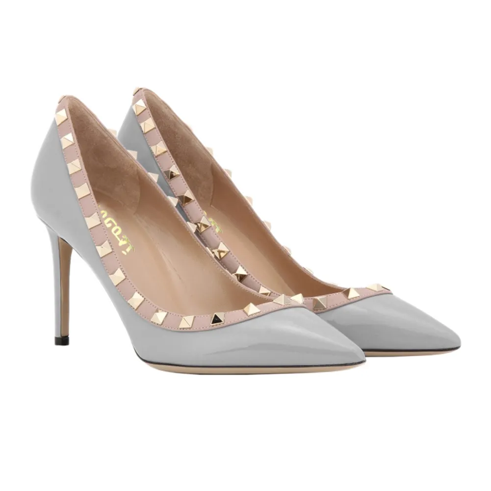 100mm Women's Sexy Pointy Toe Studs Stilettos High Heels Rivets Shoes Grey Patent-vocosishoes
