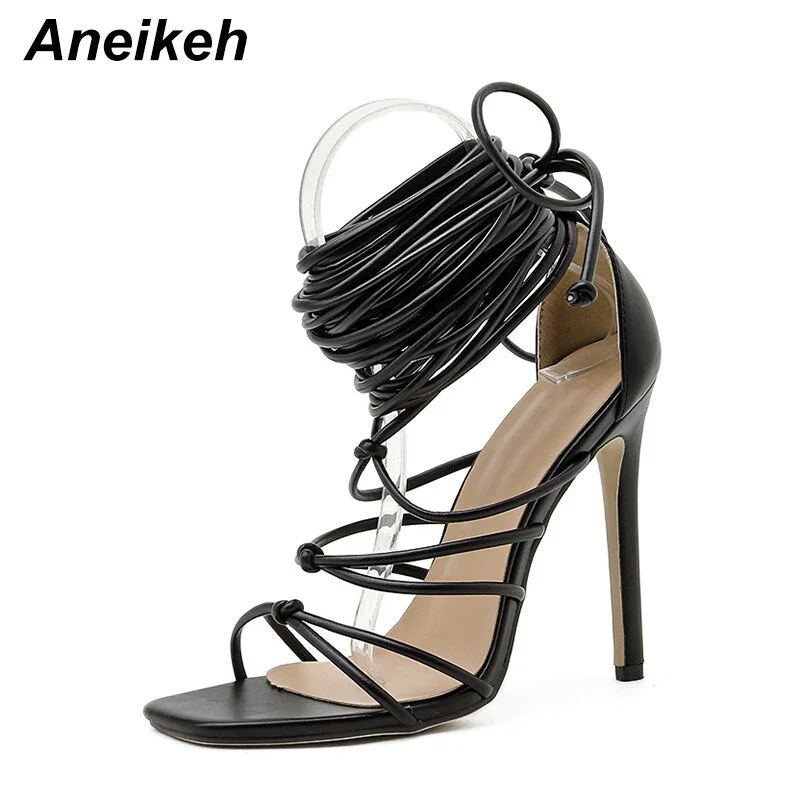 Aneikeh NEW Summer Sexy Women's Sandals Narrow Band Slides Ladies Gladiator Party Thin Heels Square Toe colourful Shoes Fashion