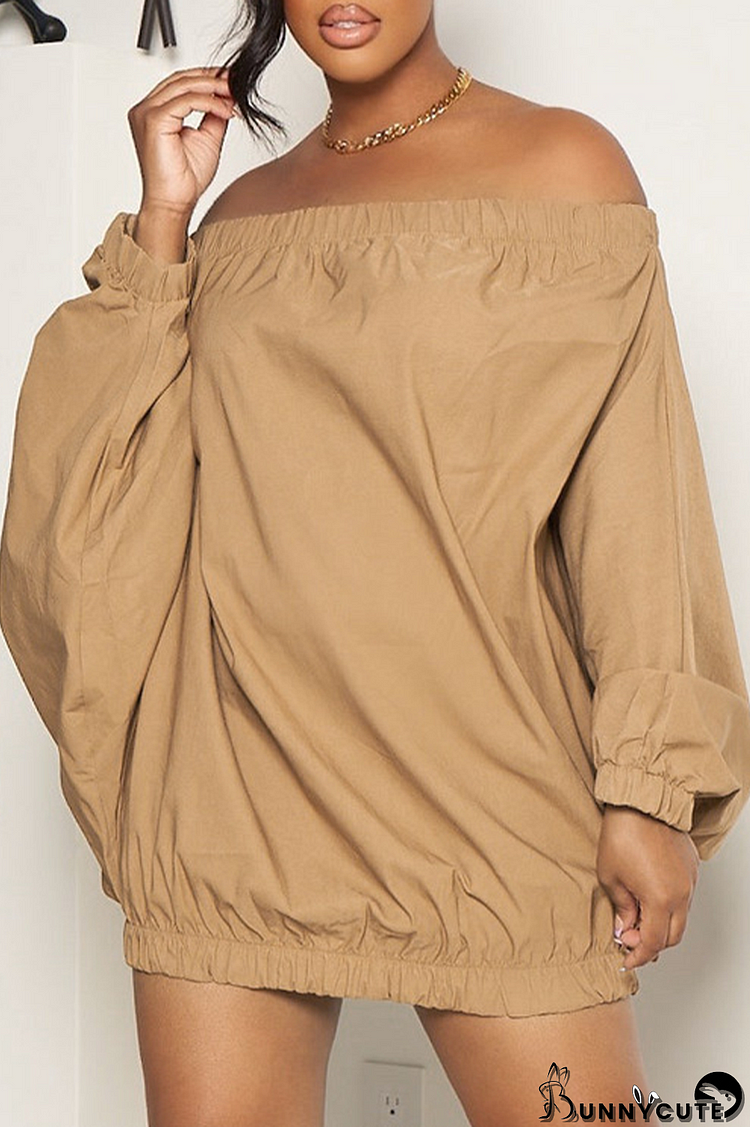 Khaki Sexy Solid Backless Fold Off the Shoulder Lantern Skirt Dresses