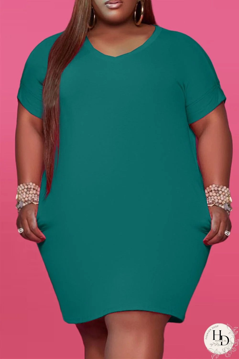 Red Fashion Casual Plus Size Solid Basic V Neck Short Sleeve Dress