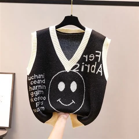 Spring and autumn new style knitted vest Korean ladies cartoon smile women's sweater casual cotton