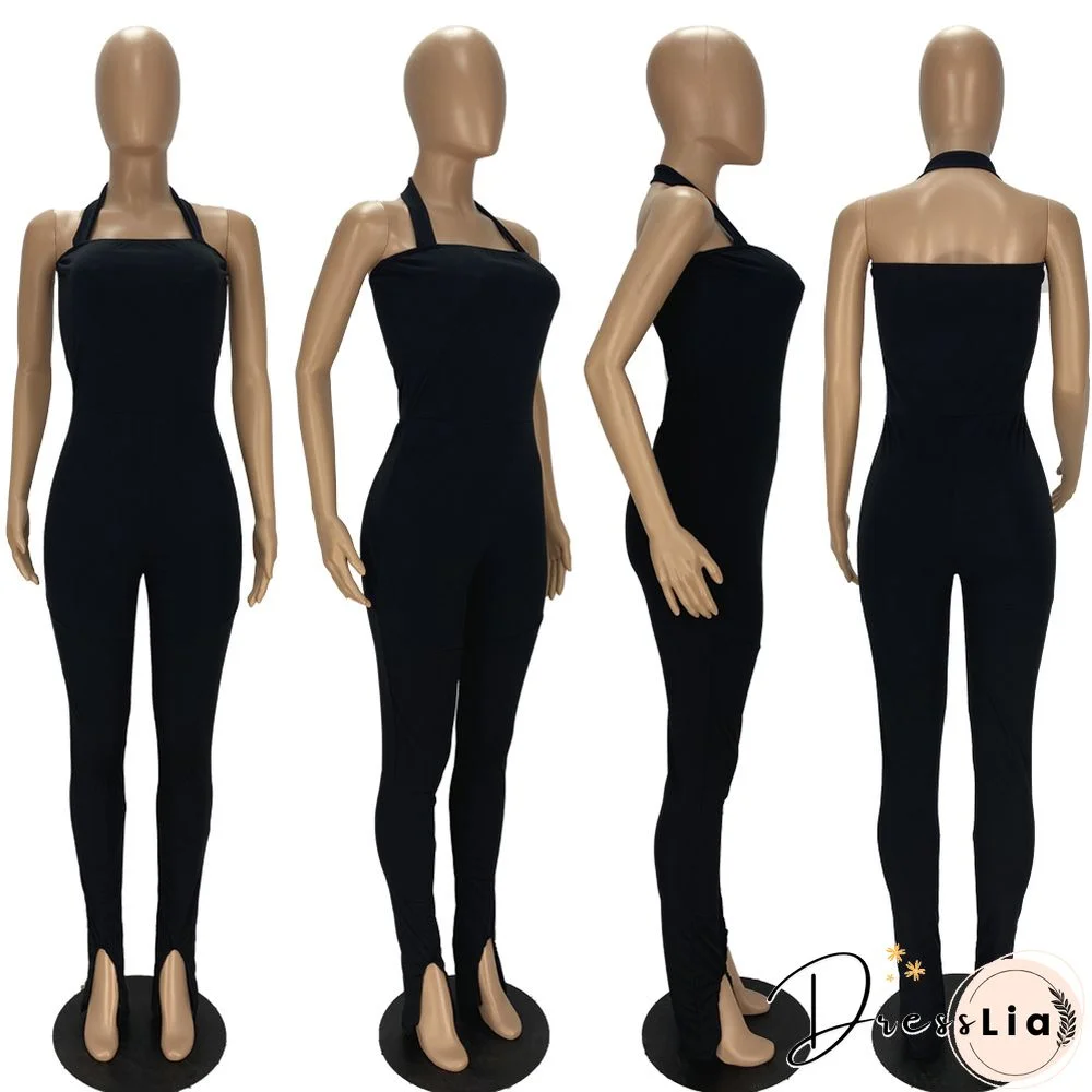 Women Solid Color Sportswear Sleeveless Halter Bodycon Jumpsuits