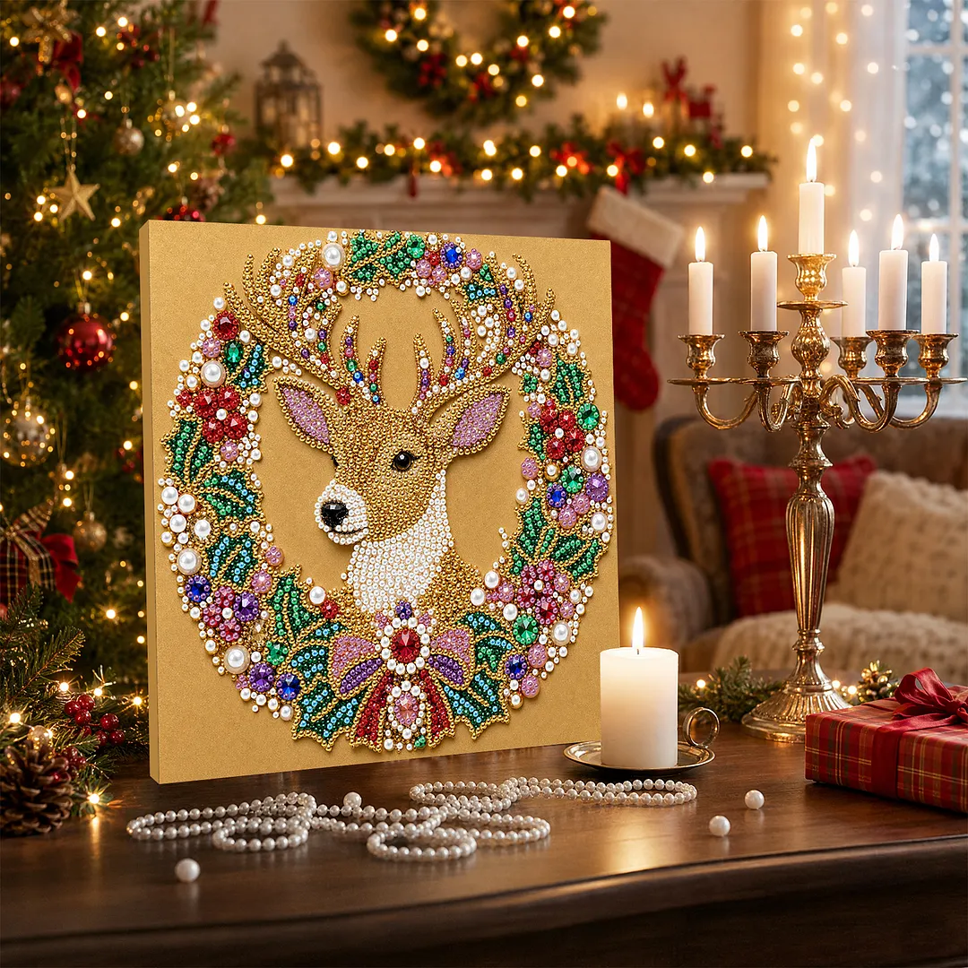 Christmas Reindeer Wreath Framed Pearl Painting Kit 25x25cm for Adults