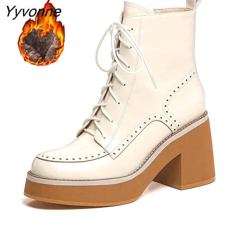 Yyvonne Boots Women Genuine Cow Leather Retro Beige Fashion Zipper Laces Lady Motorcycle Shoes High Heels Handmade Winter Shoes