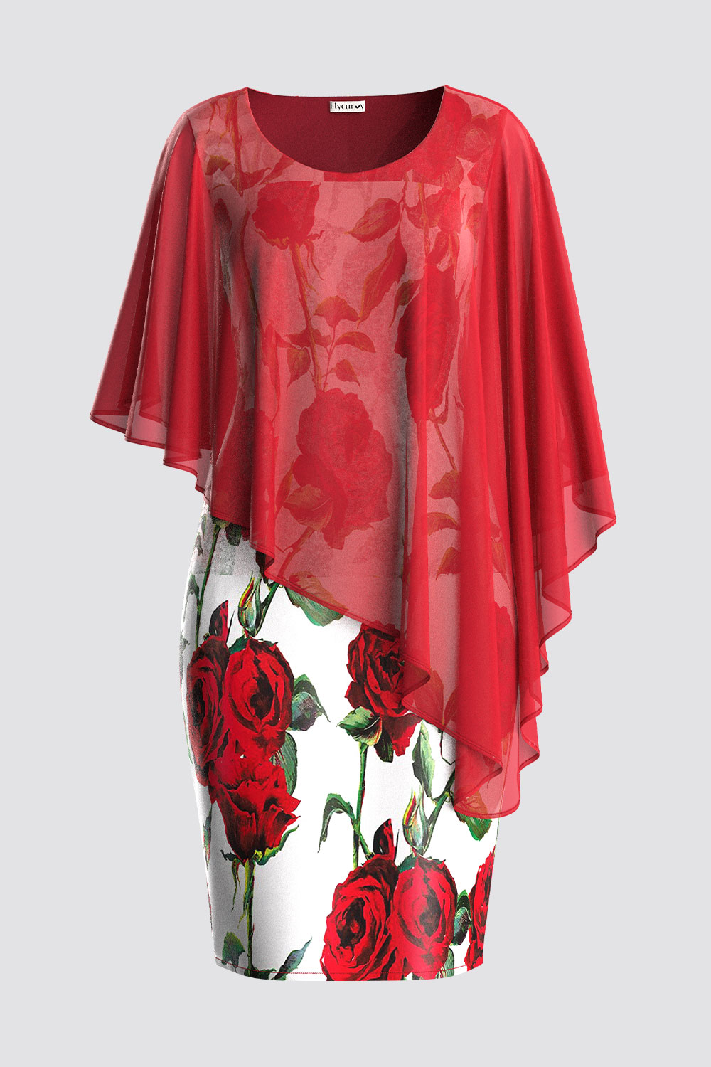Flycurvy Plus Size Formal Red Cape Sleeve Rose Print Bodycon Fake Two Piece Midi Dress 2024 - Flycurvy 