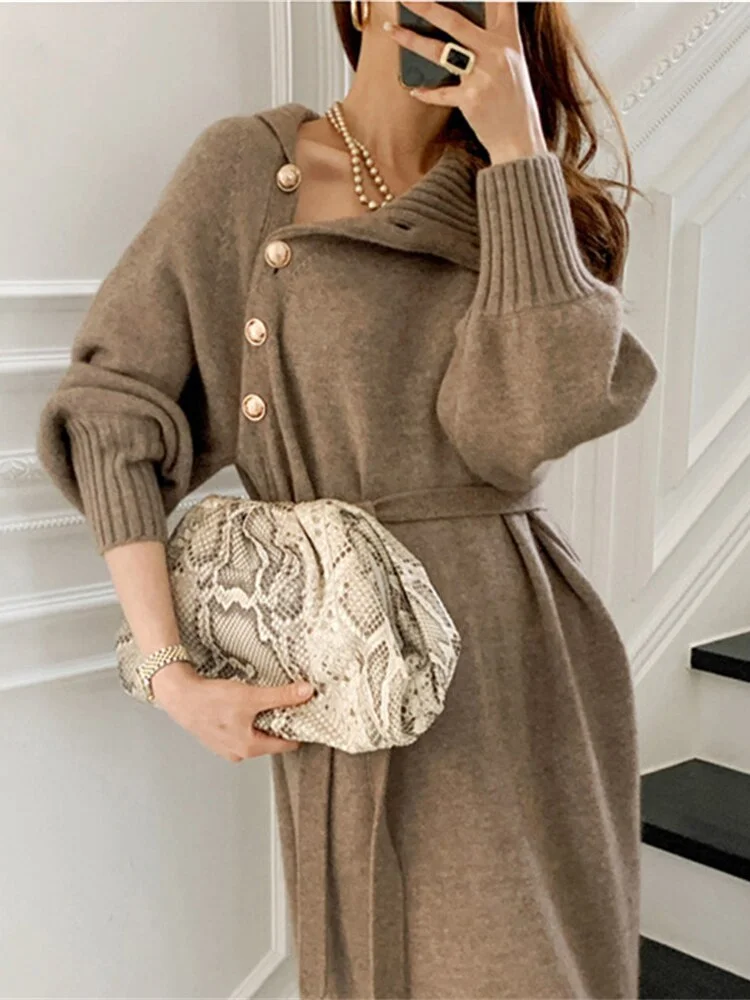Knitted Sweater Dress Women Solid Pullover Ladies Turtleneck Long Sleeve Lace-up Skirts Female Loose Fashion Jumpers Dress