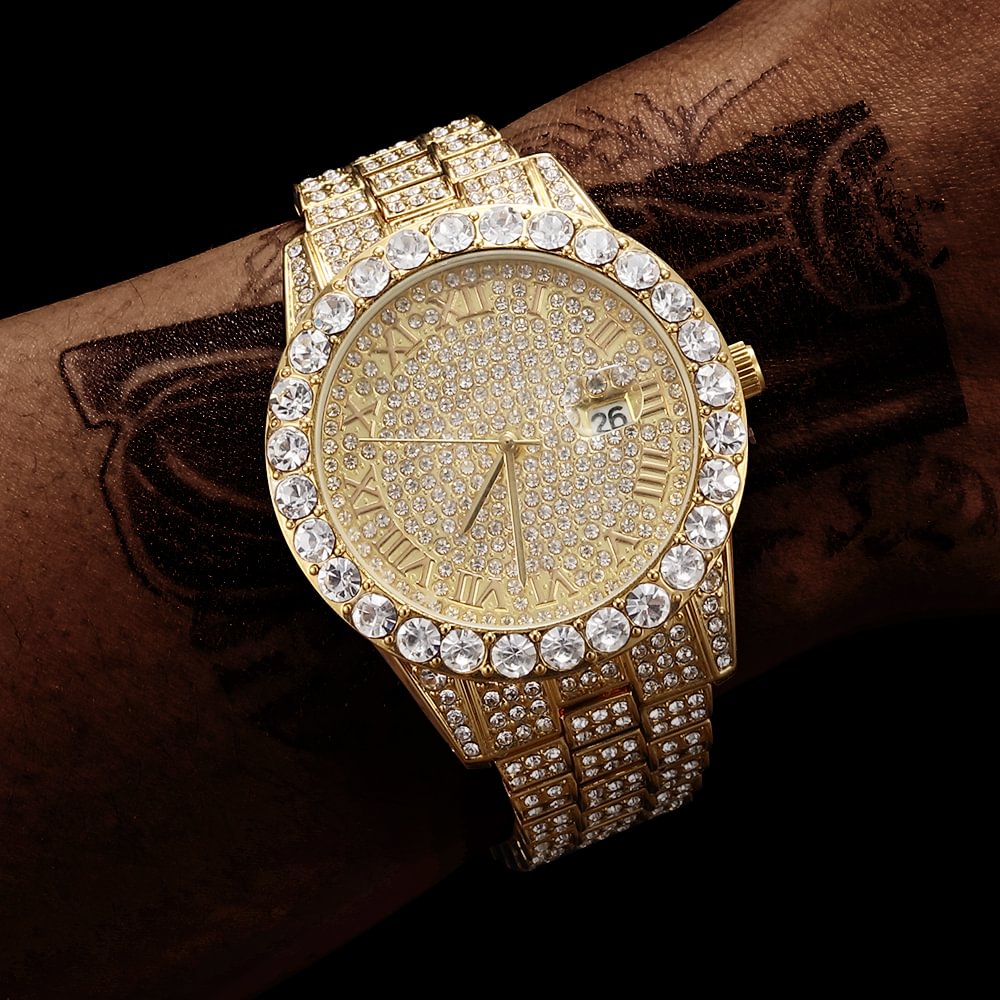 Full Bling Large Diamond Watch For Men ICED-Out Hip Hop Mens Quartz W