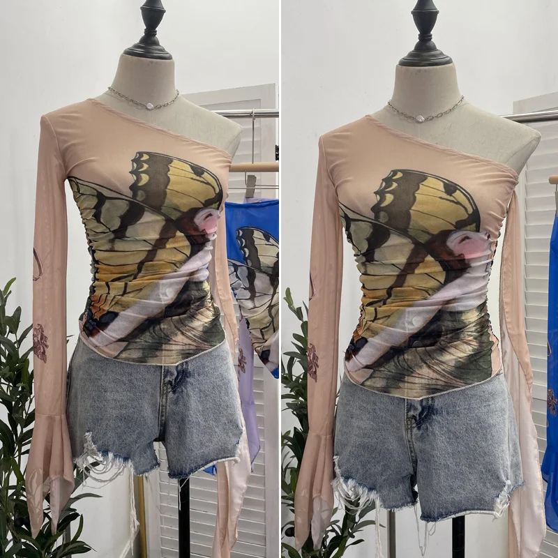 Uveng Design-Sensitive One-Shoulder Horn Long-Sleeved Mesh Yarn-Print T-Shirt With Short Tight Top 9915