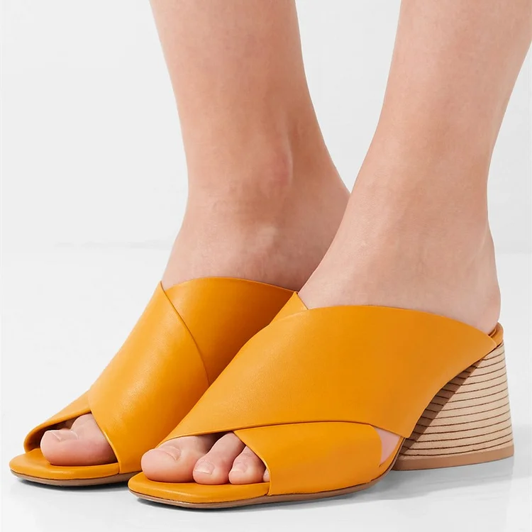 Orange Peep Toe Wood Block Heel Sandals Mules for Women |FSJ Shoes