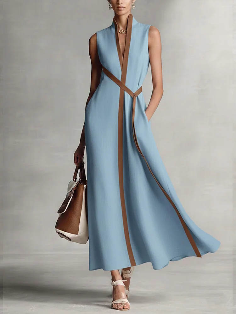 Women's Stand-up Collar Sleeveless Casual Loose Cotton And Linen Dress