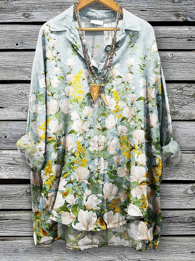 Women's  Floral  Print Casual Cotton And Linen Shirt