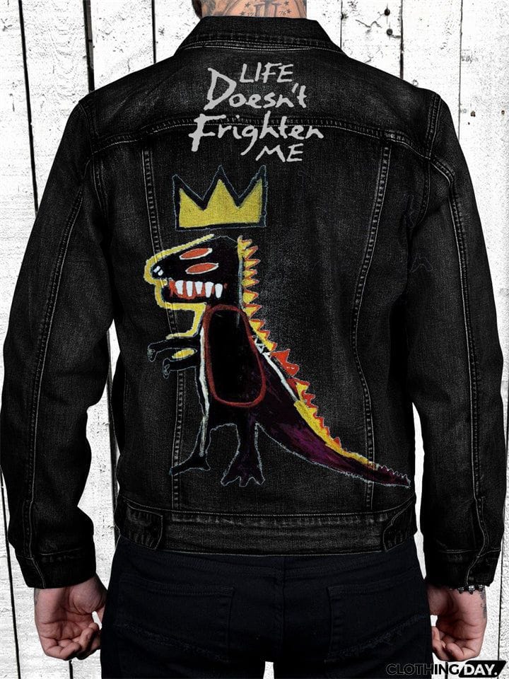 Stylish Crown Dinosaur Print Denim Jacket for Men