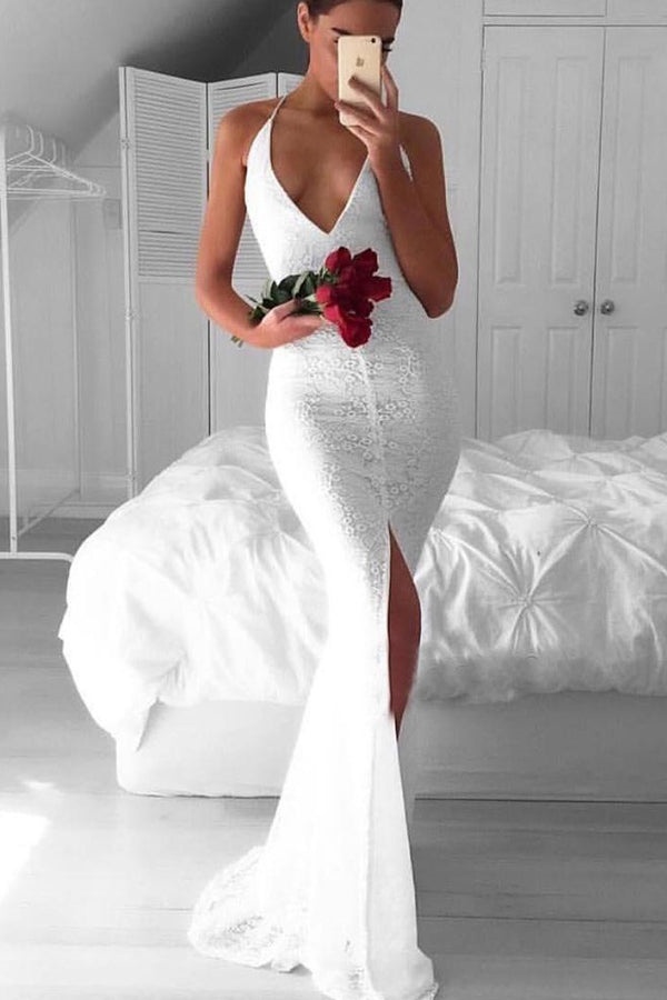 Ovlias Fabulous White Halter Applique Split Sheath Formal Evening Dress LY0592