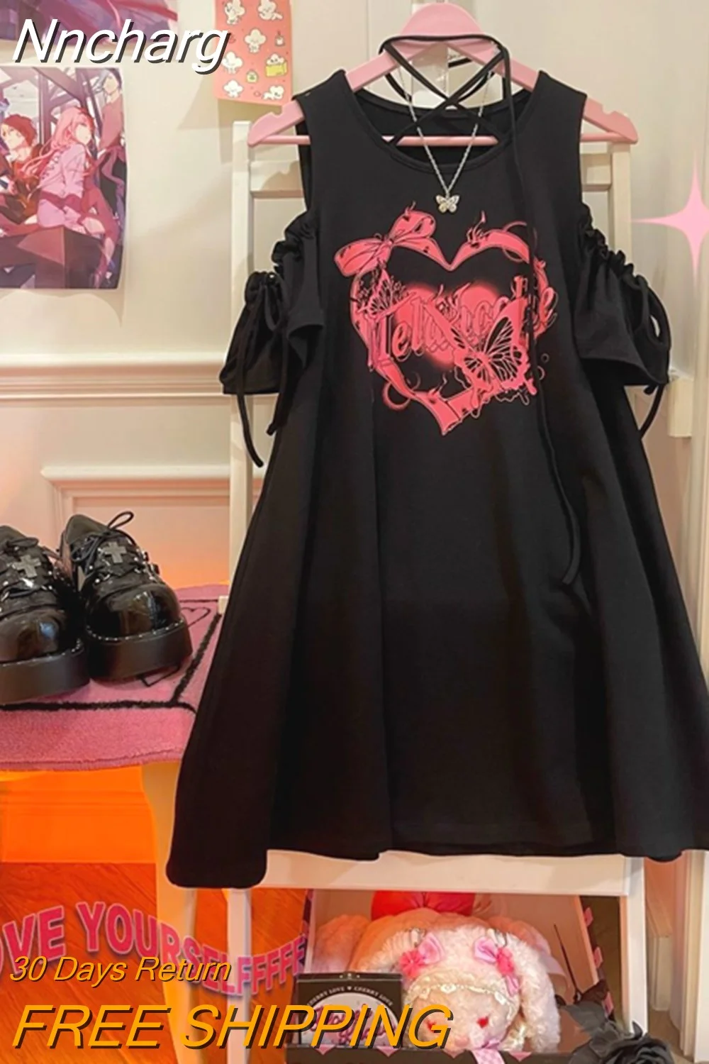 Nncharge Lace-up Off Shoulder Y2k Print A-Line O Neck Dress Summer Tshirt Short Sleeve Dresses Women Black Harajuku Hotsweet Japanese