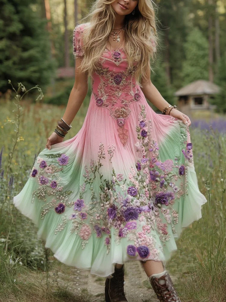 VChics Classy Gradient Purple Lavender And Floral Embroidered Linen Maxi Dress