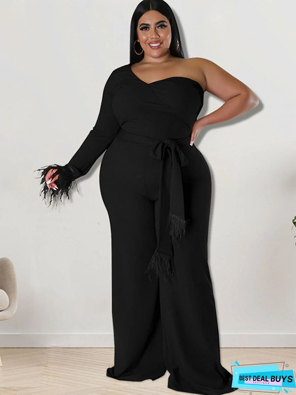 Plus Size One Shoulder Belted Wide Leg Jumpsuits