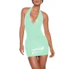 Plus Size Women Beach Party Vocation Halter Dress PVC Leather Deep V-neck Sleeveless Stretch Mini Dress Sexy Wrap Hips  Attire